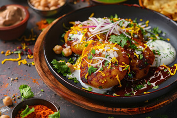 Indian Street Food Aloo Tikki with Spiced Chickpeas and Tamarind Chutney