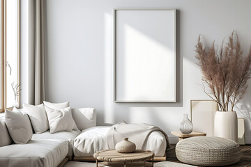 white frame leaning in bright interior with plants and decorations mockup 3D rendering