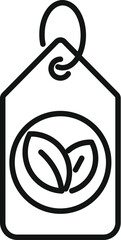 Line icon of a tag showing two leaves, representing a product's commitment to sustainability and environmental responsibility