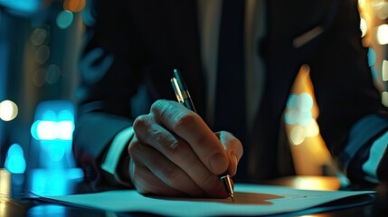 Close-up of businessman's hands engaged in precise work with pen and touch