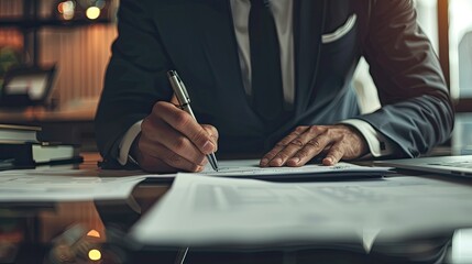 Close-up of businessman's hands engaged in precise work with pen and touch