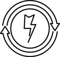 Minimalist icon of renewable energy source, featuring a lightning bolt inside a circle of arrows representing the cyclical nature of sustainable power