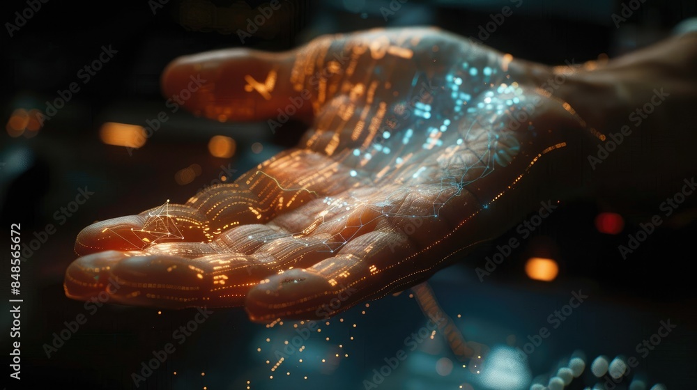 Poster digital interface overlaid on a hand, presenting dynamic graphs