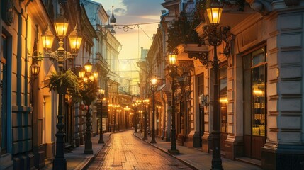 Elegant street in a historic city center with ornate lampposts in the evening