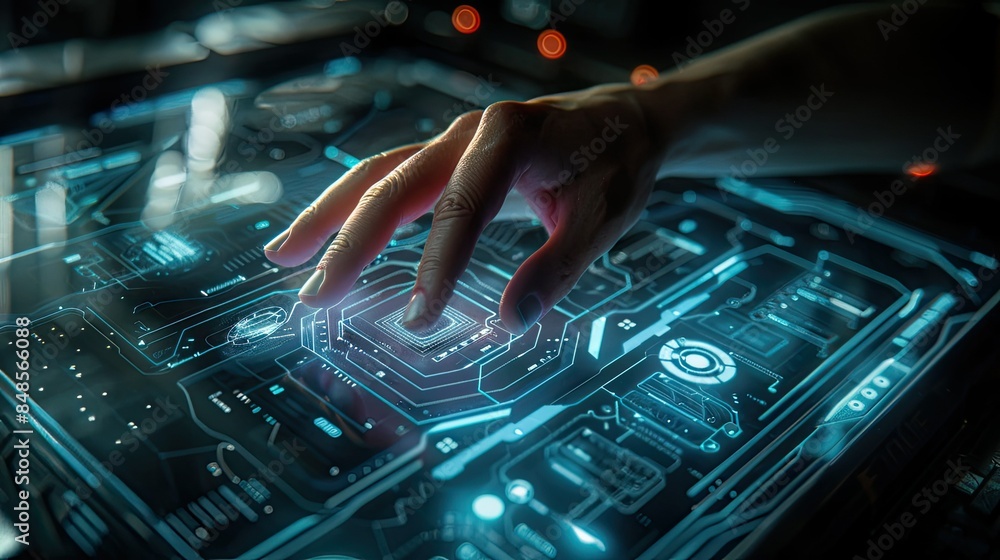 Poster futuristic hand interfacing with holographic graphs for decision-making