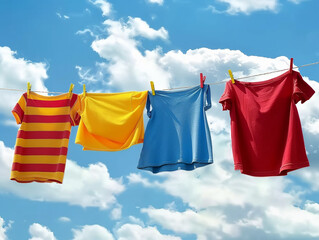 Photo of colorful clothes , garments drying at the day sunlight