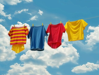 Photo of colorful clothes , garments drying at the day sunlight