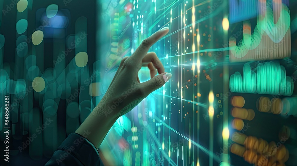 Poster hand with embedded technology accessing interactive data graphs