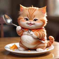 An adorable illustrated orange kitten sits at a table with a spoon, looking ready to enjoy a plate with orange slices