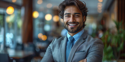 Fototapeta premium Happy Smiling Indian Business Man Leader Looks Ahead