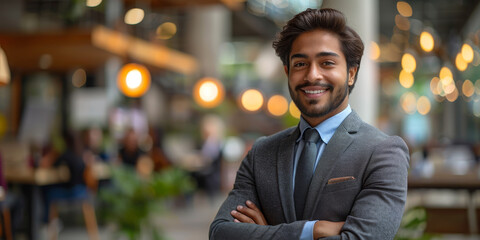 Obraz premium Happy Smiling Indian Business Man Leader Looks Ahead