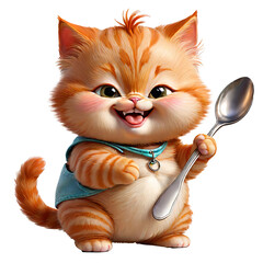 A charming illustration of an anthropomorphic ginger kitten with a large spoon, wearing overalls and a collar