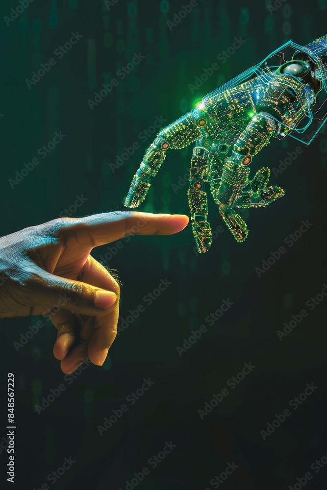 Poster human and robotic hands reaching across digital data streams in a symbolic connection