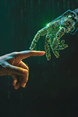 Obraz premium Human and robotic hands reaching across digital data streams in a symbolic connection