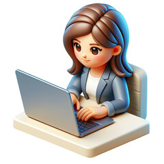 A professional woman is depicted in 3D illustration working attentively on a laptop, capturing a concept of business, technology and focused work