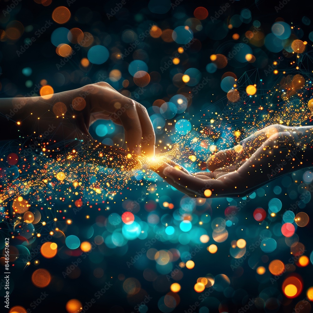 Poster human and robotic hands touching amidst digital data connections and code in close up view