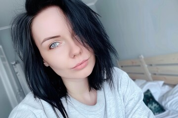 Mobile phone selfie of young woman, beautiful Ukrainian woman, looking into the camera, lifestyle influencer, wearing fashionable clothes