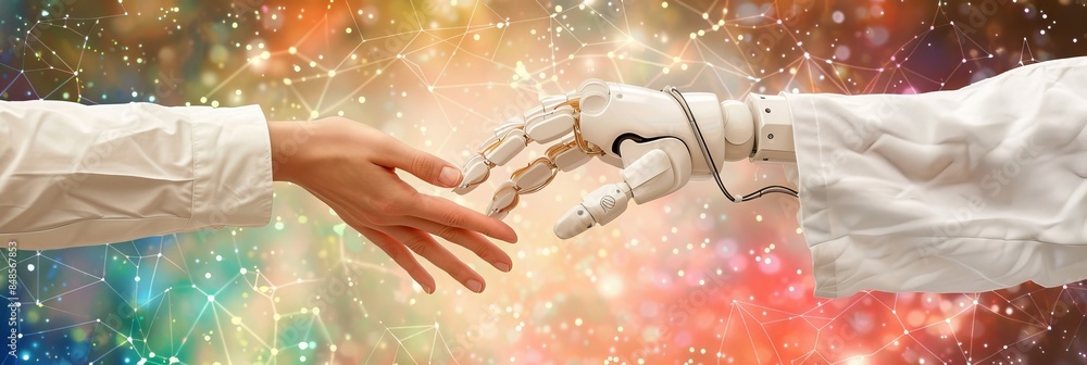 Poster human and robotic hands touching amidst abstract digital data connections and code patterns