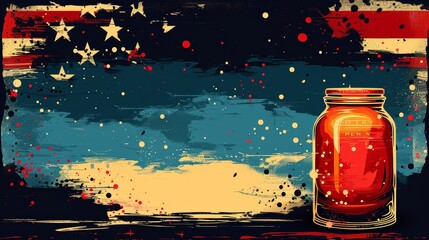Vintage American flag background with mason jar and stars.  Perfect for patriotic or nostalgic themes.