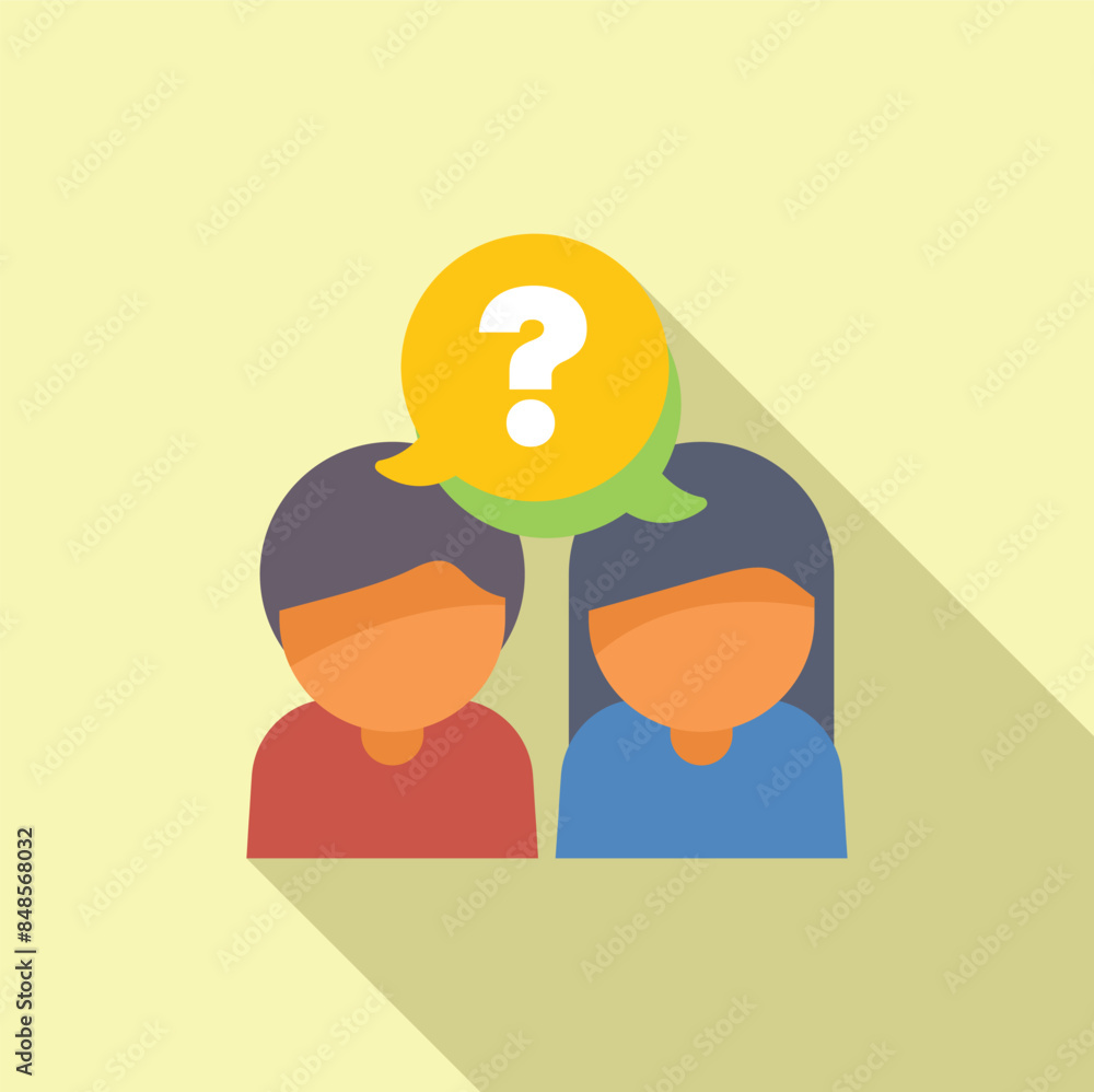 Poster two people discussing together with a question mark appearing in a speech bubble above them