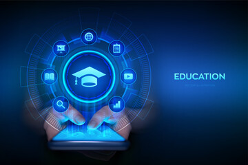 Education. Innovative online e-learning and internet technology concept. Webinar, teaching, online training courses. Skill development. Smartphone in hands. Using smartphone. Vector illustration.
