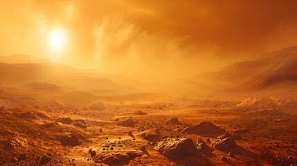 Naklejka premium Atmospheric Panorama on the Surface of Mars. Martian Landscape Photo with Hazy Orange Sky