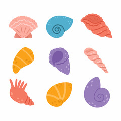 Collection of shells in doodle style. Shellfish on white background. Cute children hand drawn illustration for design of postcard.