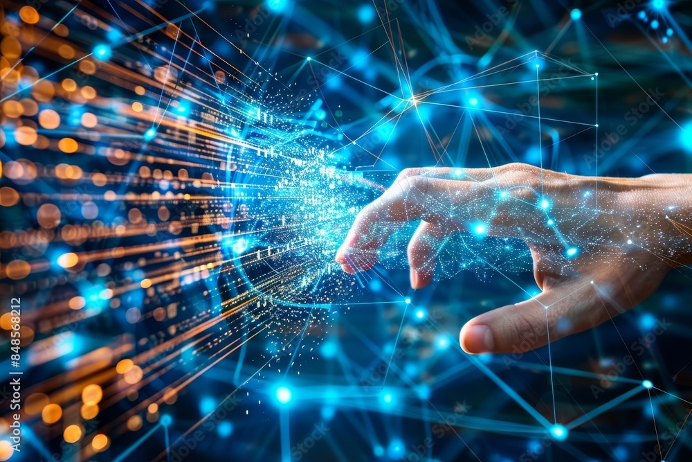 Aufkleber interconnection of human and robotic hands through intricate glowing data streams