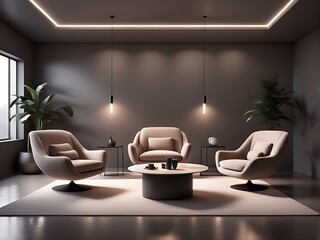  Cozy minimalist studio. Empty studio without people designing. Studio for podcasts or interviews. Stylish studio design. Two comfortable armchairs with lighting and a coffee table design. 