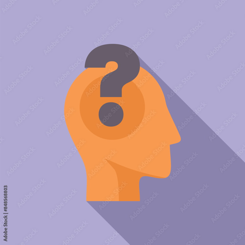 Poster human head with question mark inside representing thinking process in minimalist flat design style w
