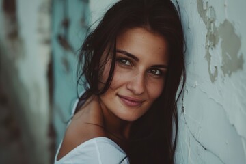 Fototapeta premium Mobile phone selfie of young woman, beautiful Ukrainian woman, looking into the camera, lifestyle influencer, wearing fashionable clothes