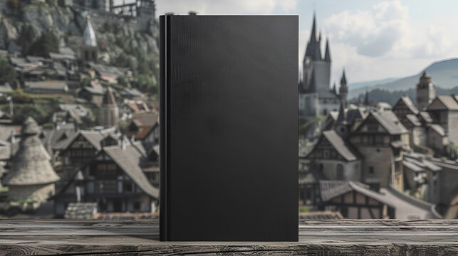 Vertical standing book mock up with blank black cover, in front of medeval town