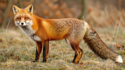 Obraz premium A spring hunting red fox with a white tipped tail
