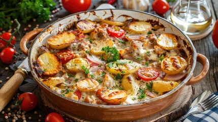 Baked dish with potatoes meat onions tomatoes and hard cheese