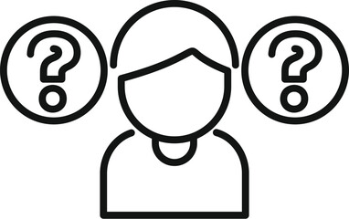 Young man is making a decision, contemplating two options represented by question marks, symbolizing a difficult choice