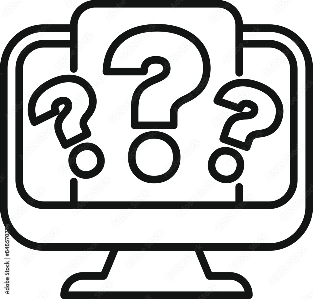 Poster computer monitor is displaying multiple question marks, representing taking an online survey