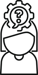 Line icon of a young woman thinking with a question mark inside a gear wheel, representing problem solving