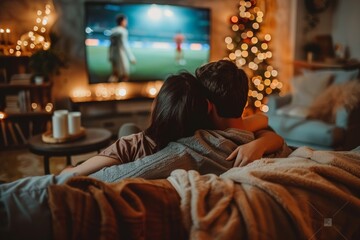 Ecstatic couple watching soccer goal on large tv in cozy living room, immersed in warm glow