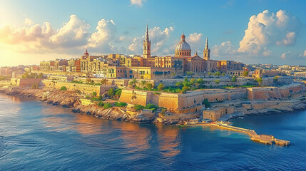 Naklejka premium Valletta, Malta city skyline created with Generative AI technology