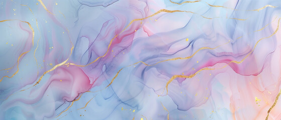 Soft pastel pink and blue abstract watercolor background with golden lines and a marbled paper texture.