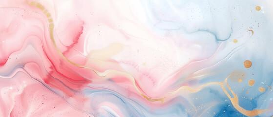 Obraz premium Abstract watercolor paint background with soft pastel pink and blue colors, golden lines, and a marbled paper texture.