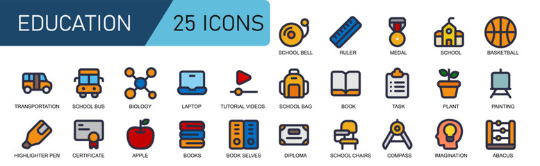education collection icon.style fill color.contains SCHOOL BELL,RULER,MEDAL,PAINTING,BASKETBALL.