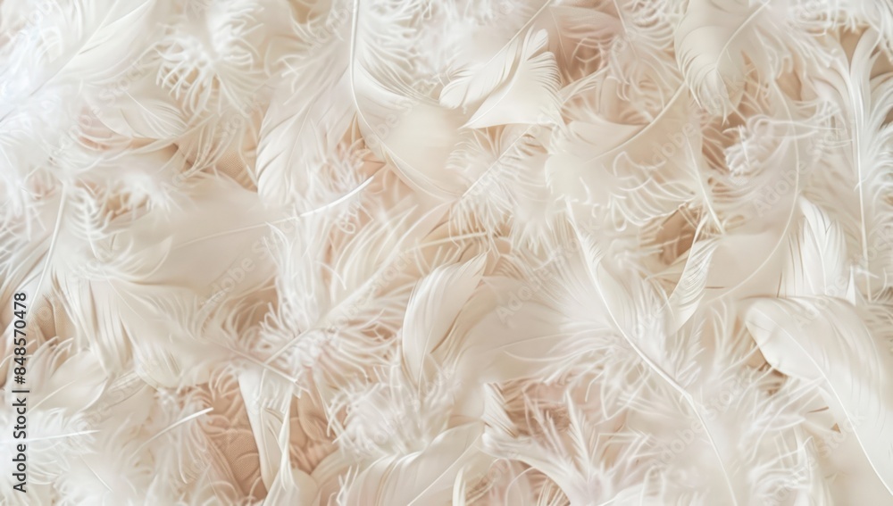 Poster a background of white feathers, some are soft and fluffy while others have sharp edges.