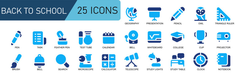 icon set school education.style duo tone.contains TRIANGLE RULER,PROJECTOR,CUP,COLLEGE,GRADUATION,WHITEBOARD,BELL.
