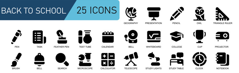 icon collection back to school.black solid style.contains SEARCH,RESEARCH,MICROSCOPE,CALCULATOR,TELESCOPE,SPACE,STUDY LIGHTS,STUDY TABLE,CLOCK,NOTEBOOK.