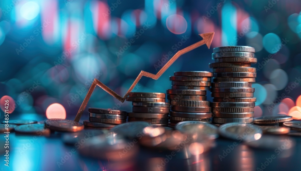 Poster close up of stacks of coins and a growing graph line with an arrow pointing upwards