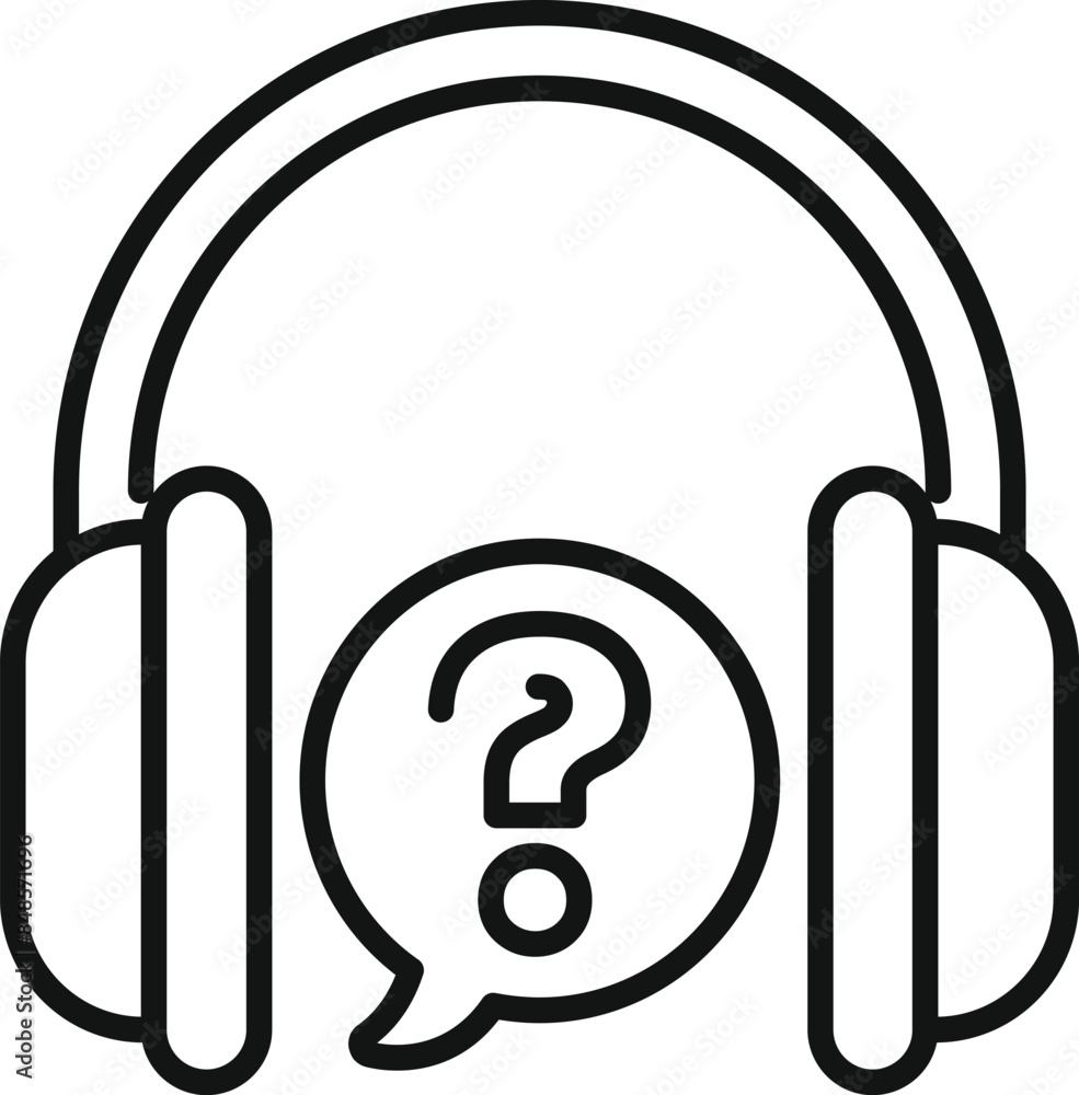 Poster headphones are shown with a speech bubble containing a question mark, symbolizing audio support or a