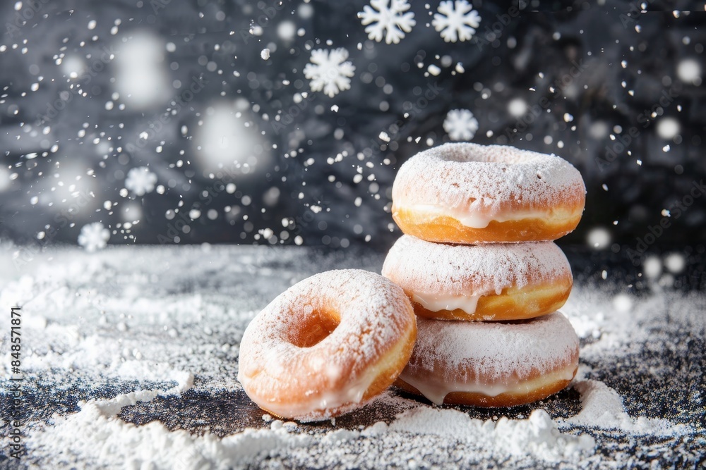 Poster vibrant stack of powdered donuts on plain background, emphasizing form and color