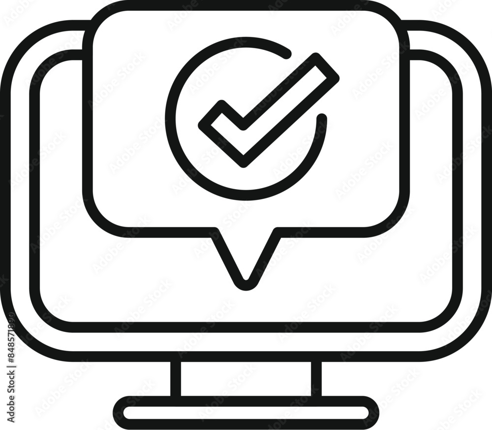 Poster computer screen displaying a speech bubble with a check mark, symbolizing online approval or confirm