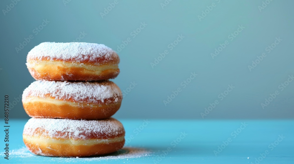 Poster colorful powdered donuts stack on plain background, emphasizing shape and vibrancy